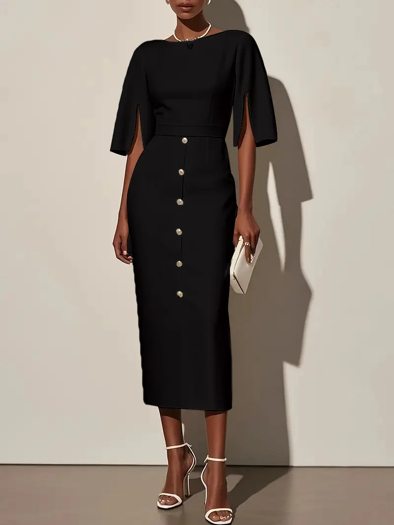 Solid Color Round Neck Fitted Waist Split Button-decorated Midi Dress - Image 6