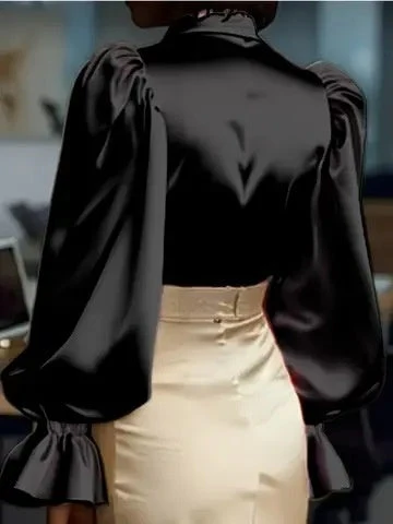Puff Sleeve Long-sleeved Collared Satin Shirt - Image 4