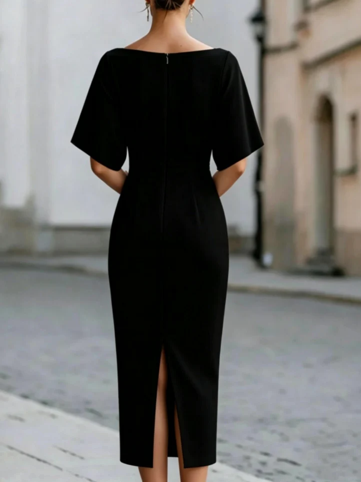 Solid Color Short-sleeved Fitted Waist Midi Dress - Image 10