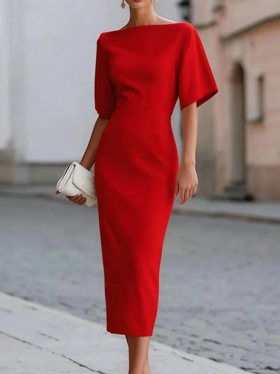 Solid Color Short-sleeved Fitted Waist Midi Dress - Image 5