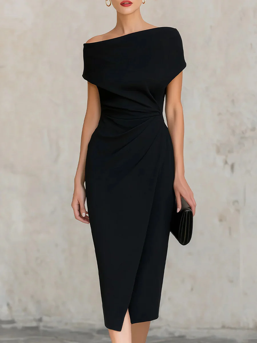 Off-the-shoulder, Fitted Waist, Pleated, Slit Midi Dress - Image 3