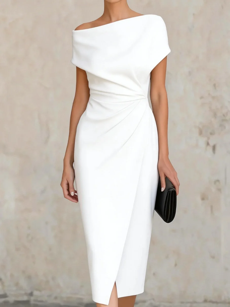Off-the-shoulder, Fitted Waist, Pleated, Slit Midi Dress - Image 5