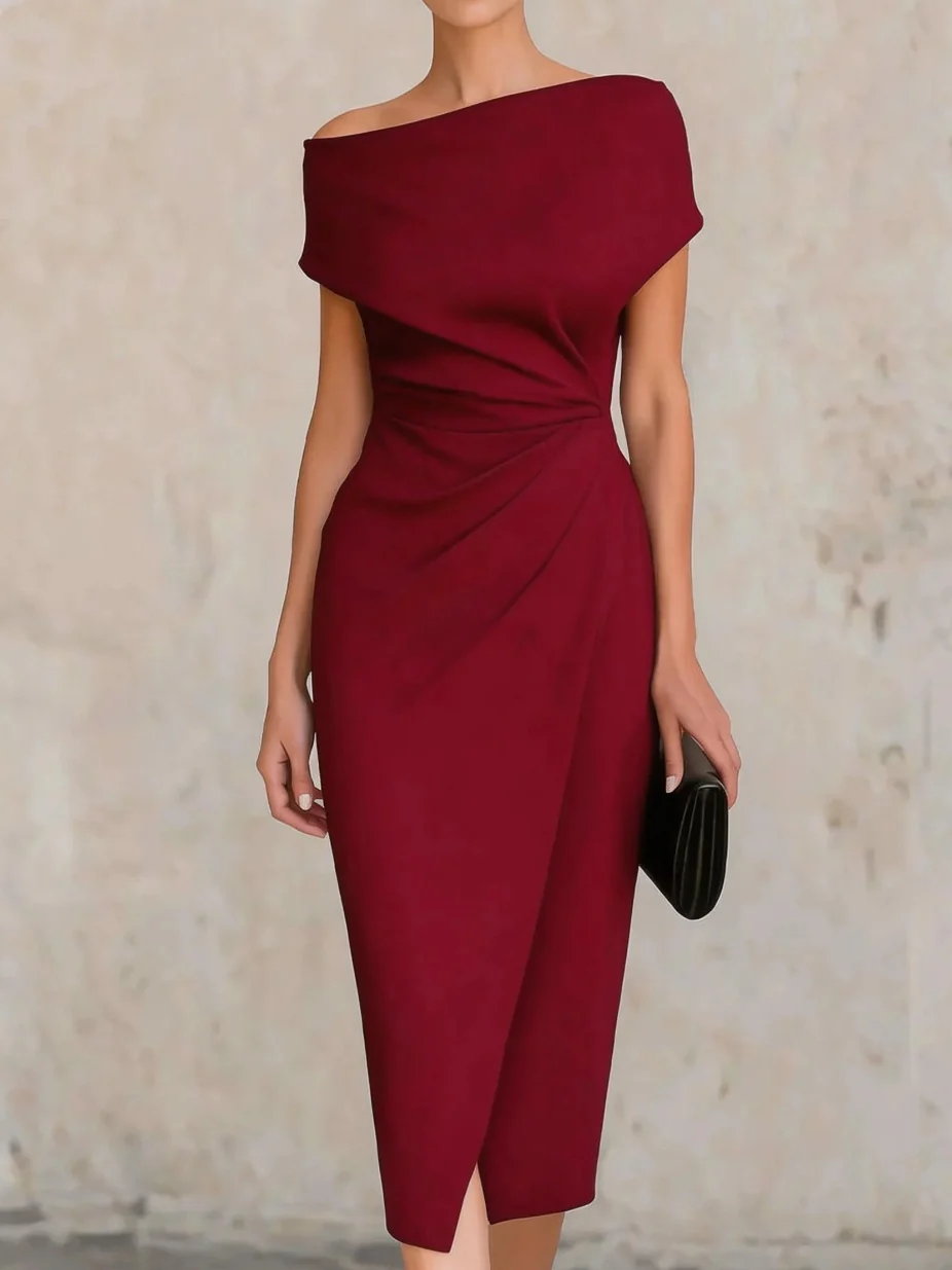 Off-the-shoulder, Fitted Waist, Pleated, Slit Midi Dress - Image 7