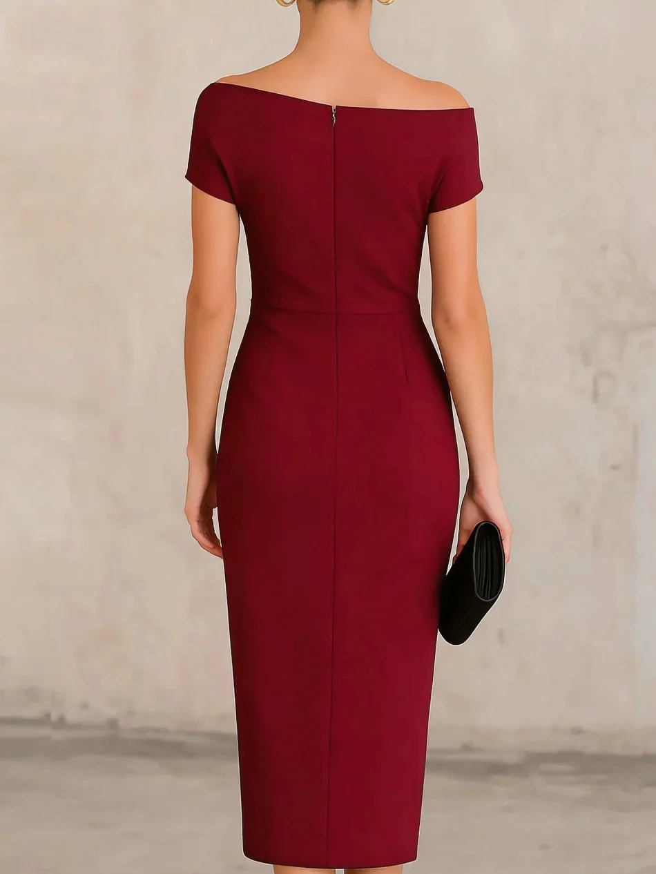 Off-the-shoulder, Fitted Waist, Pleated, Slit Midi Dress - Image 8