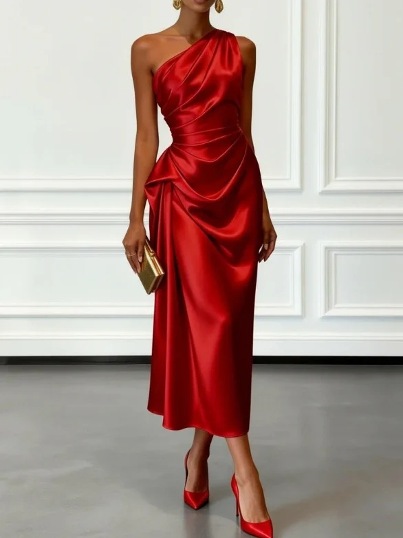 Off-the-shoulder Satin Pleated Midi Dress - Image 10