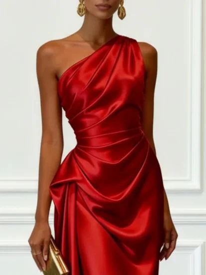 Off-the-shoulder Satin Pleated Midi Dress - Image 11