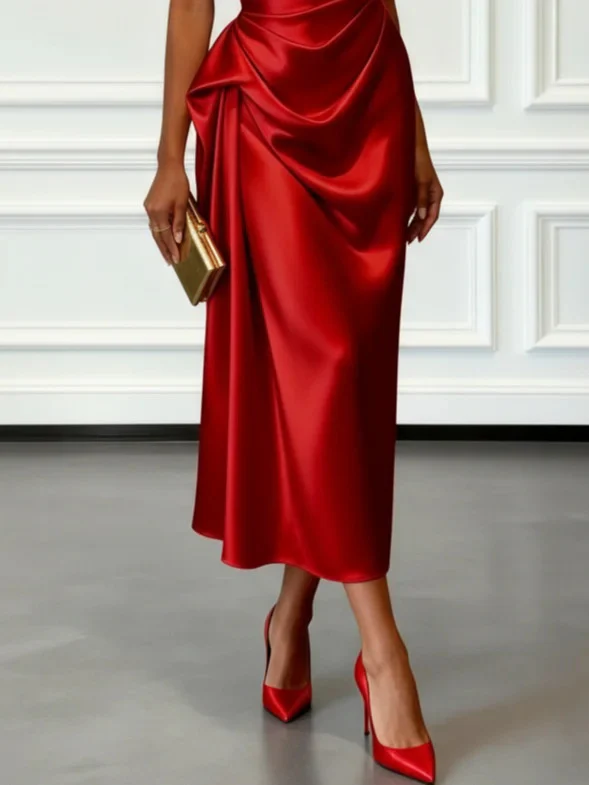 Off-the-shoulder Satin Pleated Midi Dress - Image 12