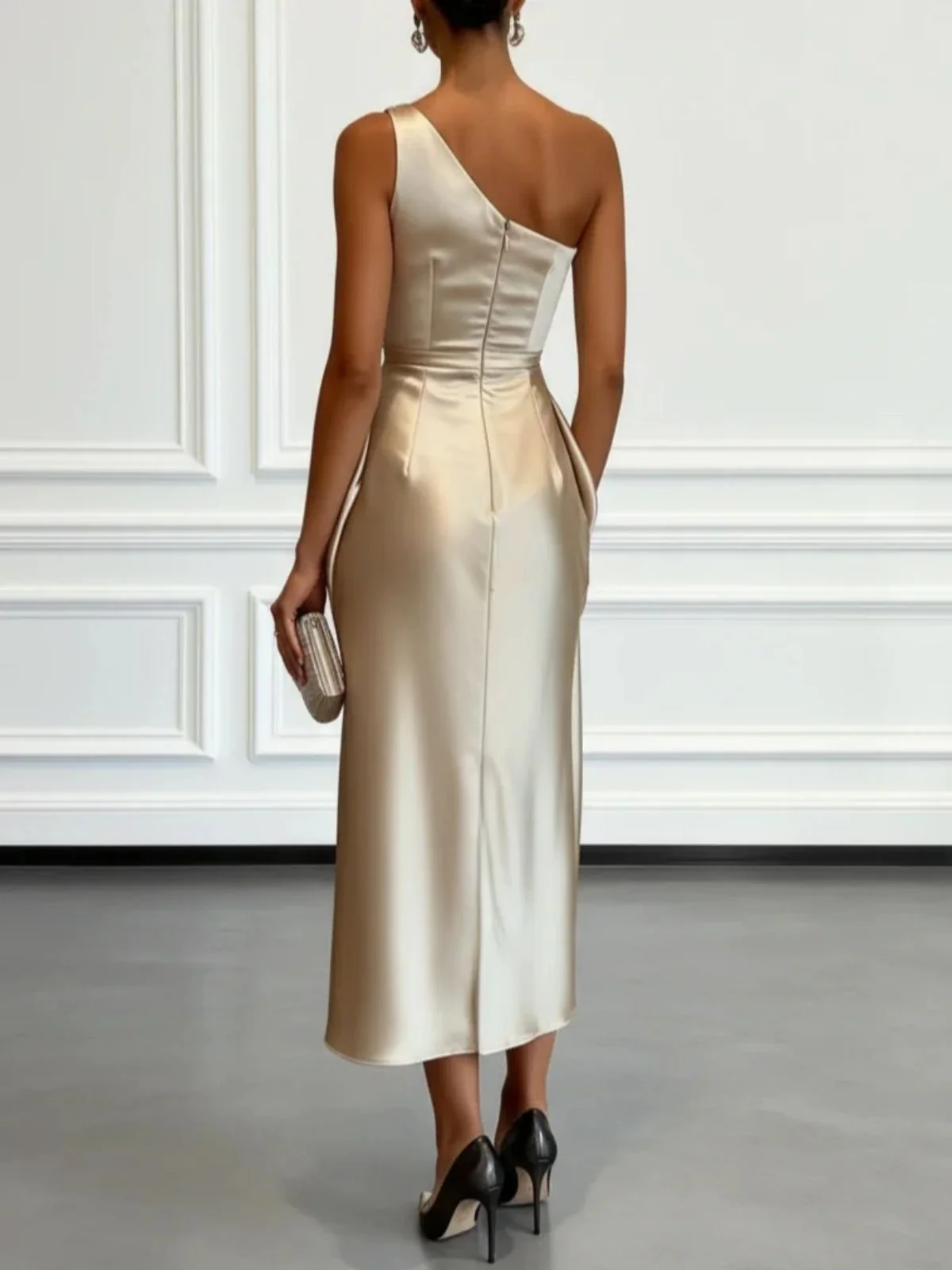 Off-the-shoulder Satin Pleated Midi Dress - Image 2