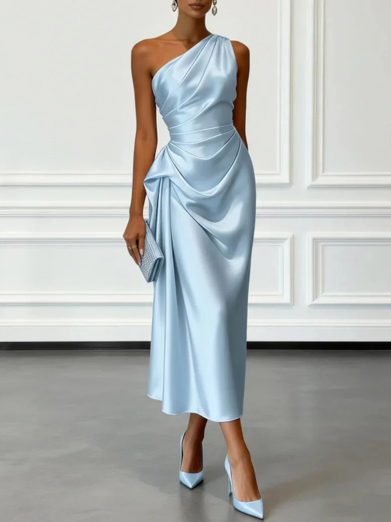 Off-the-shoulder Satin Pleated Midi Dress - Image 4