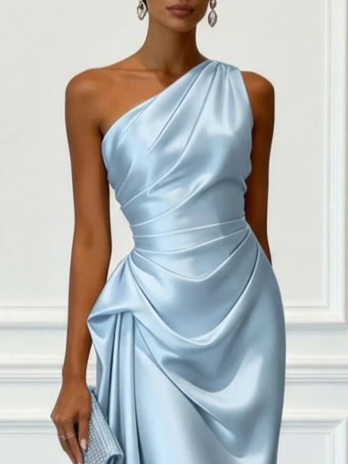 Off-the-shoulder Satin Pleated Midi Dress - Image 5