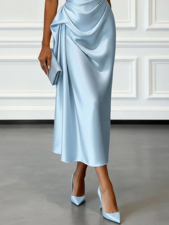Off-the-shoulder Satin Pleated Midi Dress - Image 6