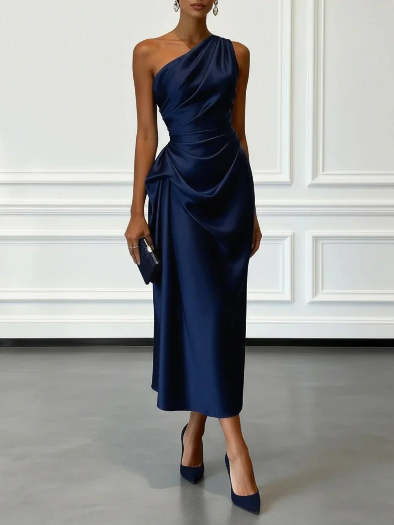 Off-the-shoulder Satin Pleated Midi Dress - Image 7