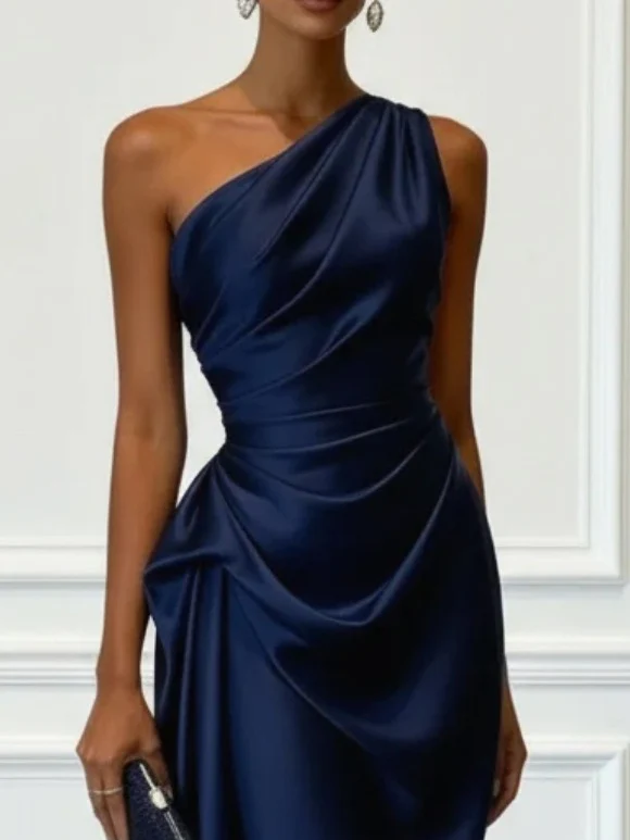 Off-the-shoulder Satin Pleated Midi Dress - Image 8