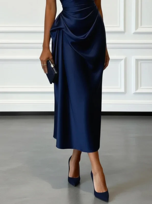 Off-the-shoulder Satin Pleated Midi Dress - Image 9