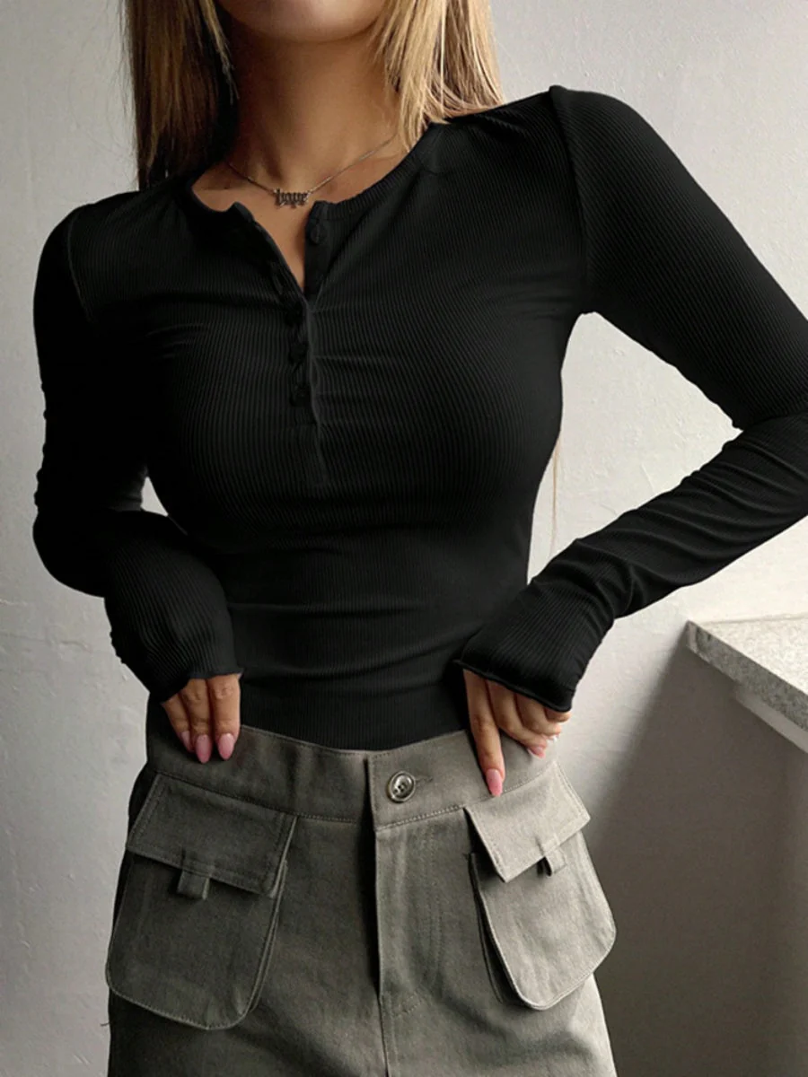 Pullover Button Long-sleeved T-shirt - Image 5