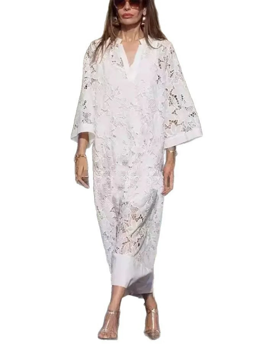 Applique 3D V-neck Straight-fit Long Sleeve Grace Maxi Dresses - Image 5