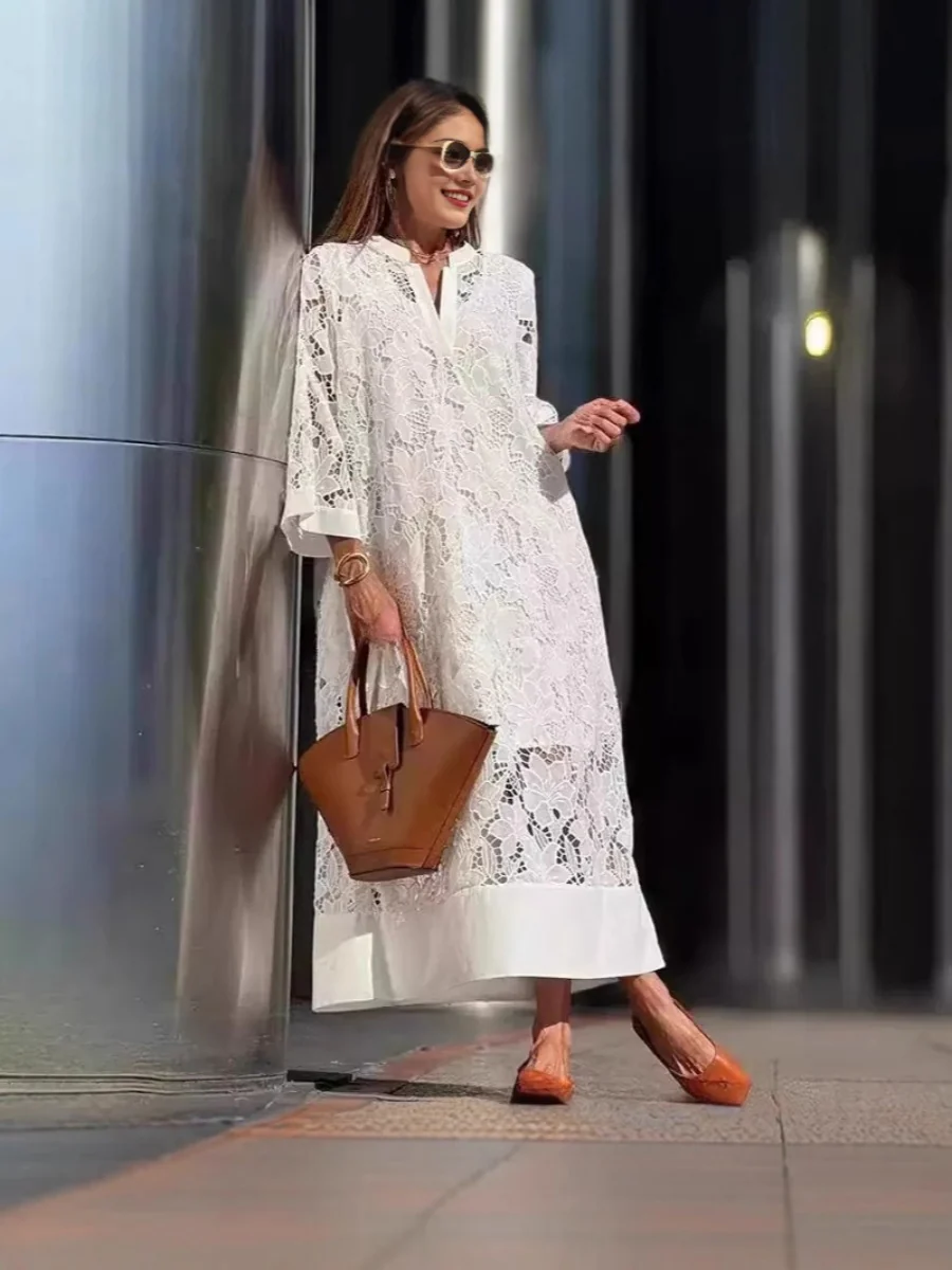 Applique 3D V-neck Straight-fit Long Sleeve Grace Maxi Dresses - Image 6
