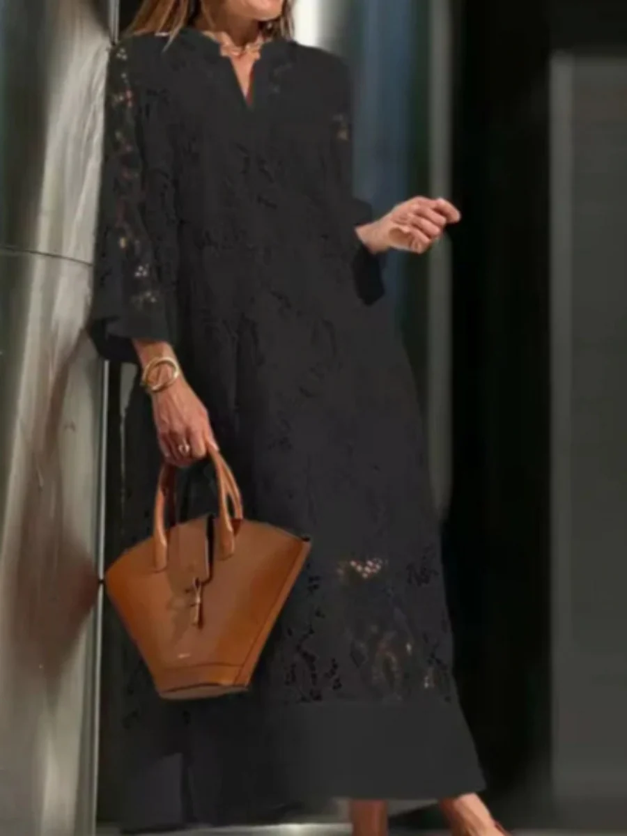 Applique 3D V-neck Straight-fit Long Sleeve Grace Maxi Dresses - Image 7