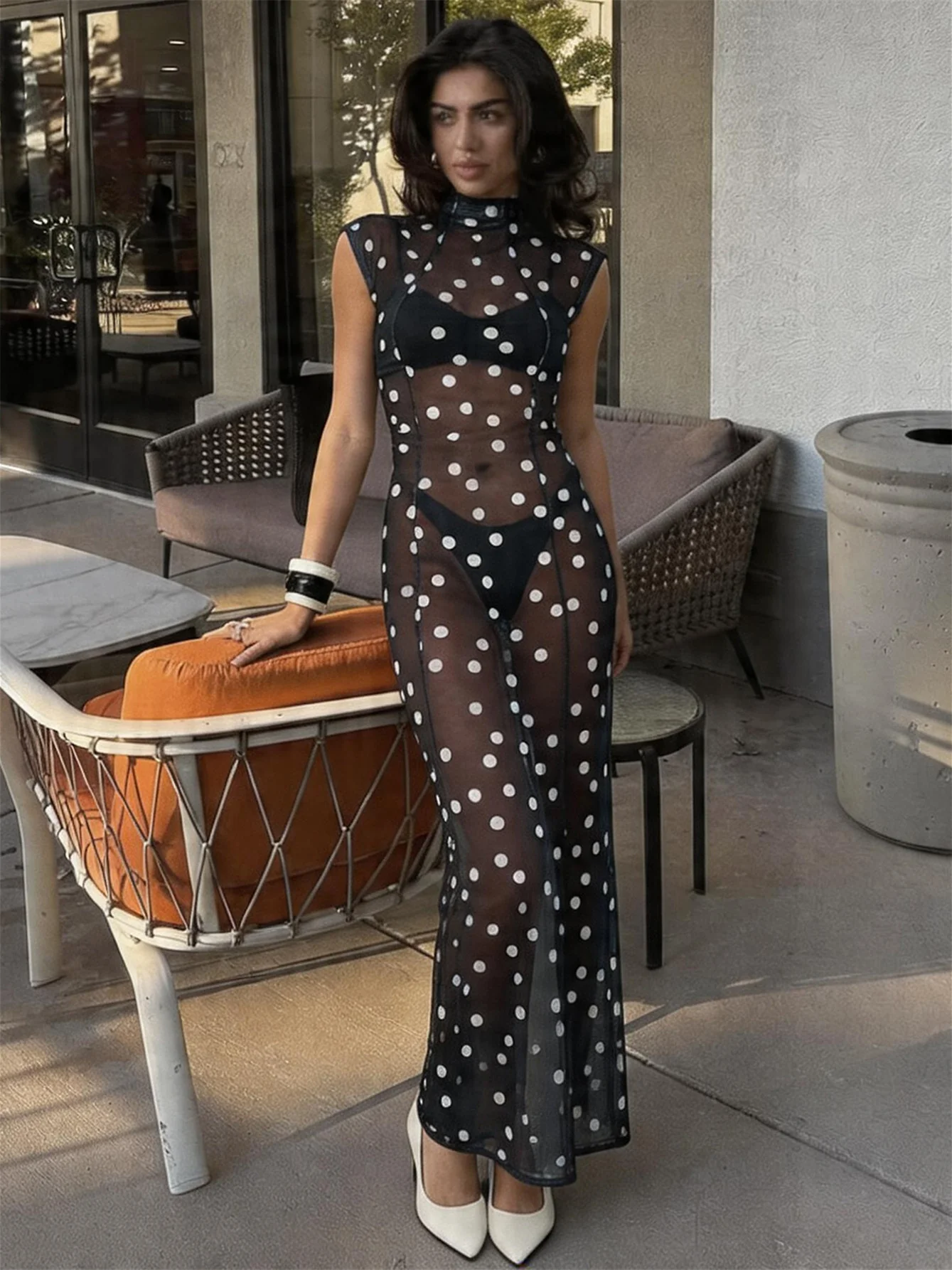 Polka Dot Ruffled Off-shoulder Dress - Image 5