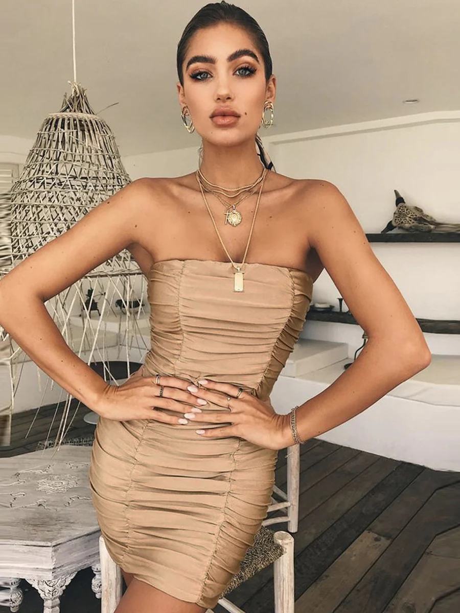 Strapless Nightclub Pleated Bodycon Mini Dress - Image 4