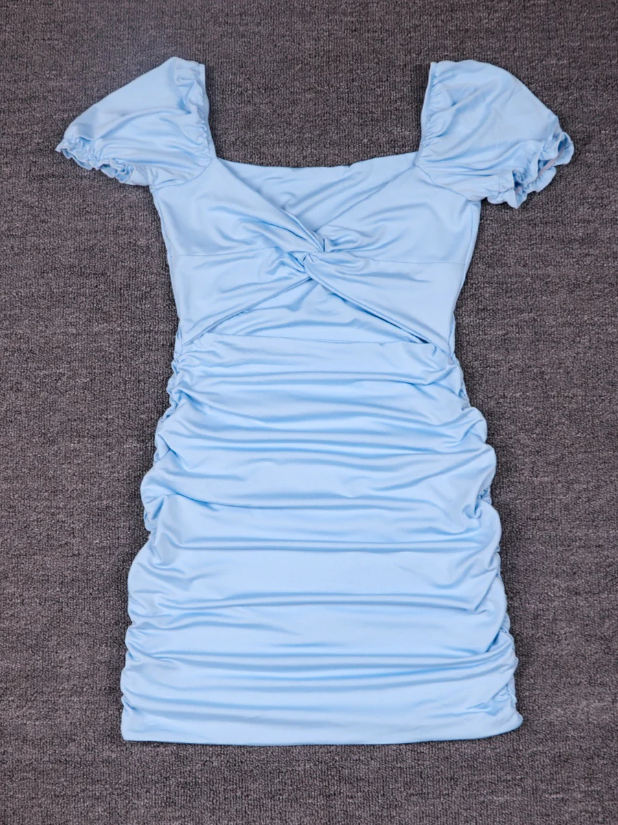 Hollow-out Pleated Puff Sleeve Bodycon Mini Dress - Image 16