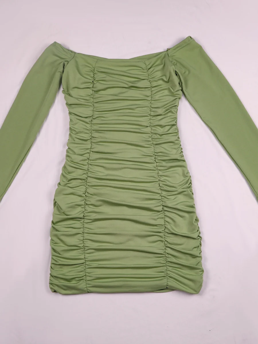 Off-the-shoulder Long-sleeved Pleated Bodycon Short Dress - Image 31