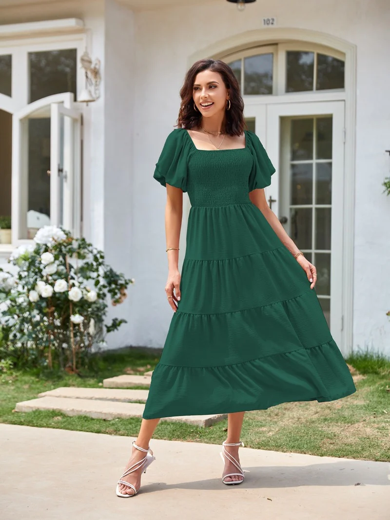 Square Neck, Backless, Puff Sleeve, Pleated Short-sleeved Long Dress - Image 24