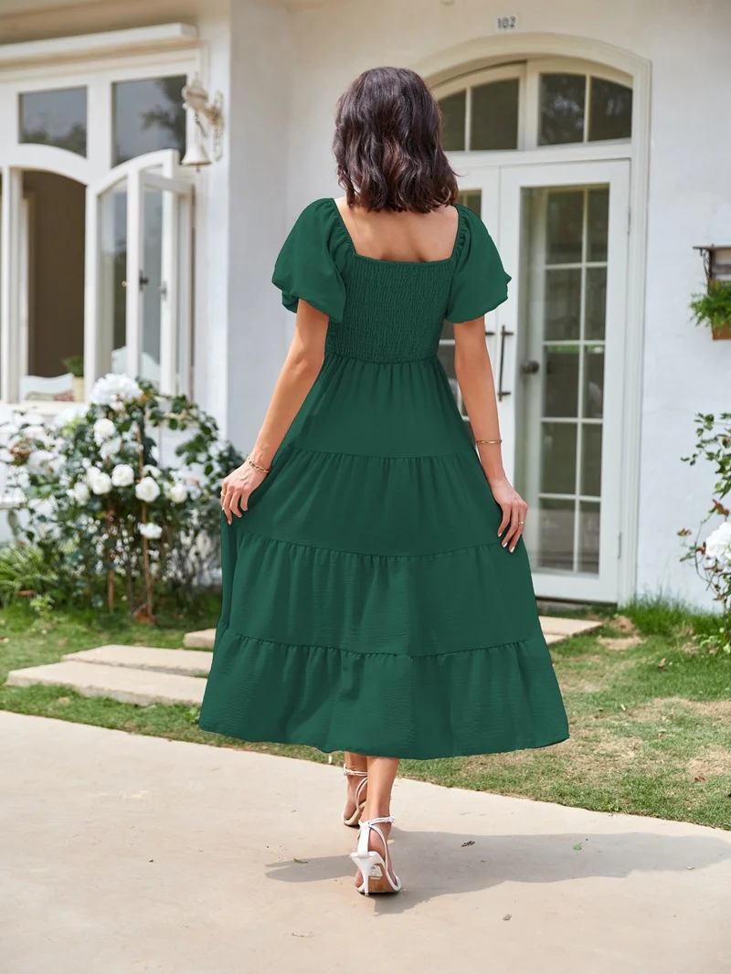 Square Neck, Backless, Puff Sleeve, Pleated Short-sleeved Long Dress - Image 26