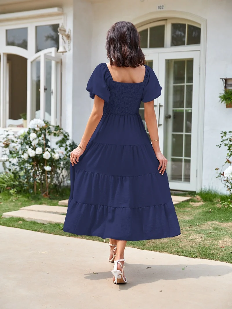 Square Neck, Backless, Puff Sleeve, Pleated Short-sleeved Long Dress - Image 29