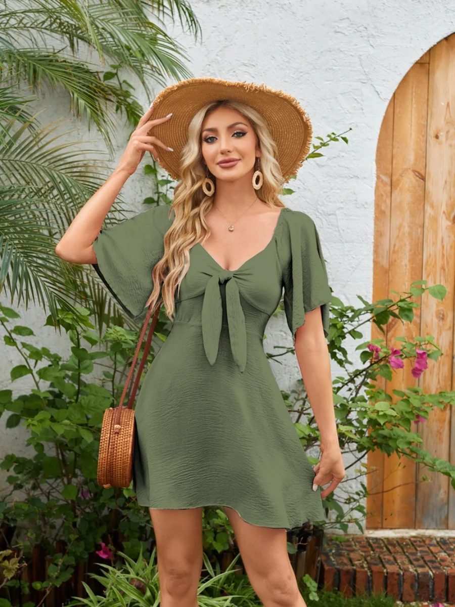 V-neck Bow Tie Short-sleeved Mini Dress - Image 11