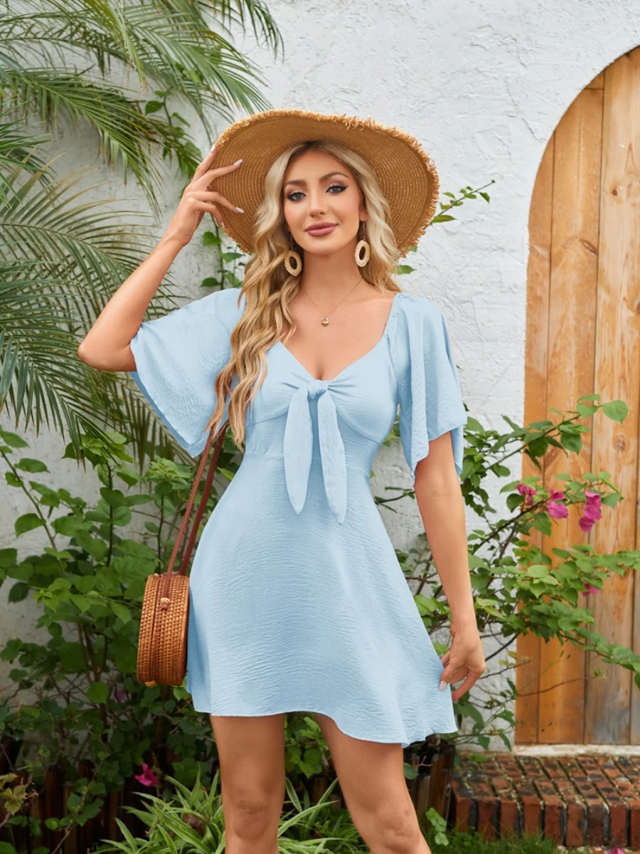 V-neck Bow Tie Short-sleeved Mini Dress - Image 15