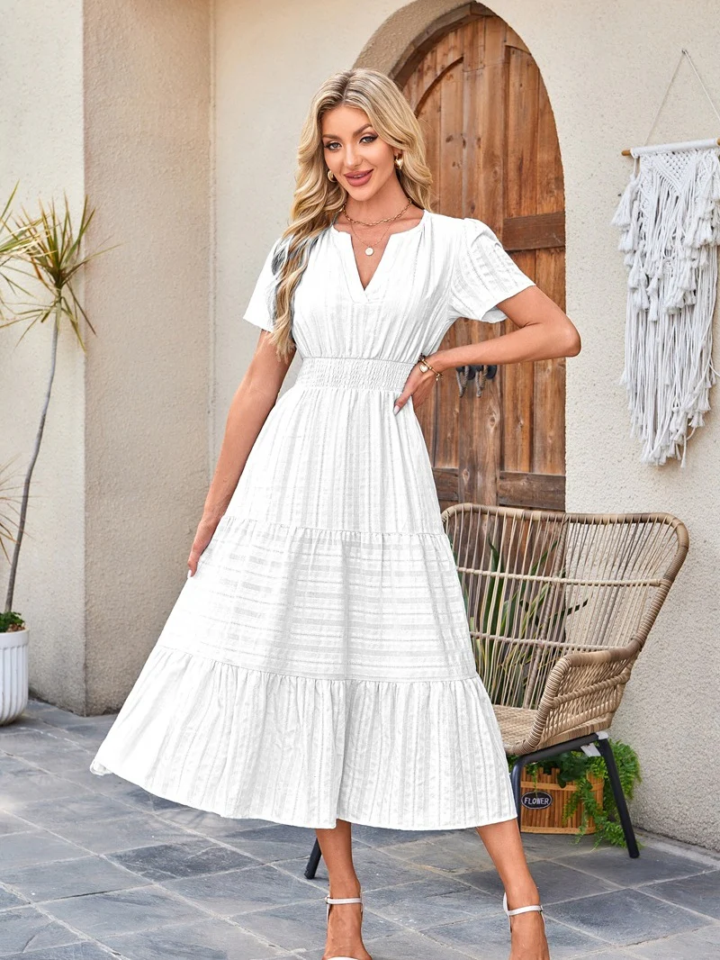 V-neck, Gathered, Puff Sleeve, Full Skirt, Short-sleeved Long Dress - Image 10