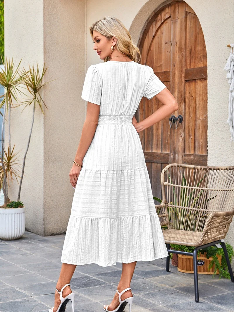 V-neck, Gathered, Puff Sleeve, Full Skirt, Short-sleeved Long Dress - Image 12