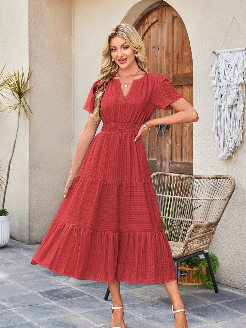 V-neck, Gathered, Puff Sleeve, Full Skirt, Short-sleeved Long Dress - Image 13