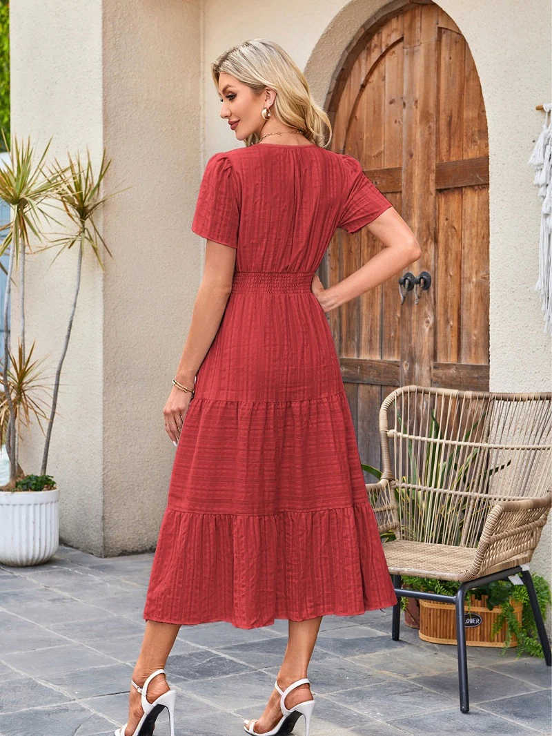 V-neck, Gathered, Puff Sleeve, Full Skirt, Short-sleeved Long Dress - Image 15