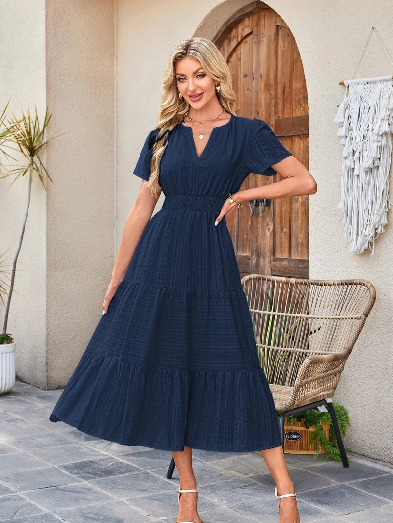 V-neck, Gathered, Puff Sleeve, Full Skirt, Short-sleeved Long Dress - Image 16