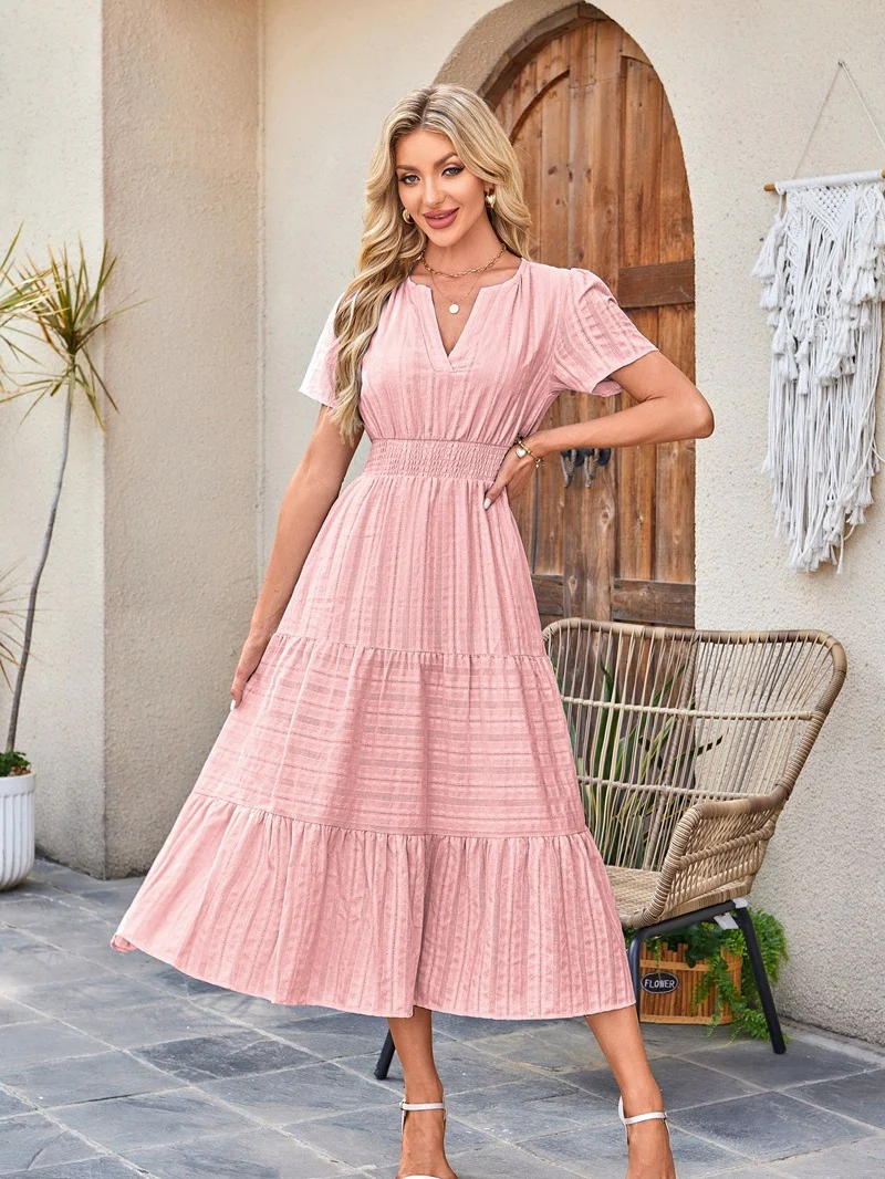 V-neck, Gathered, Puff Sleeve, Full Skirt, Short-sleeved Long Dress - Image 19