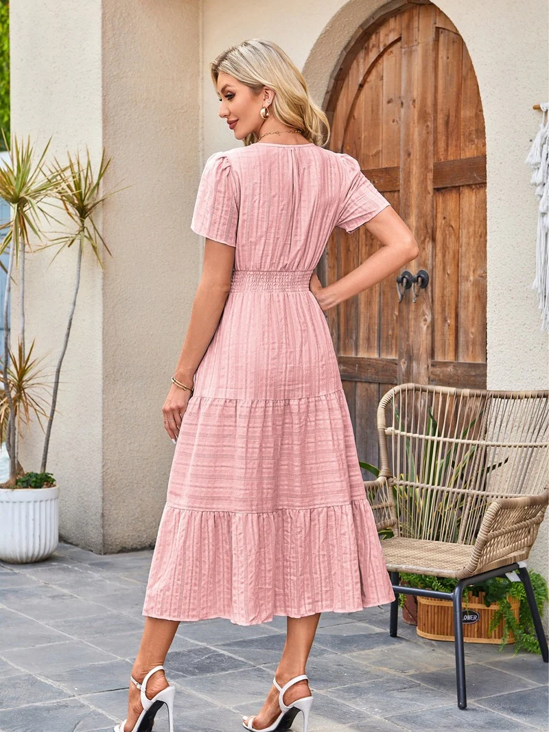 V-neck, Gathered, Puff Sleeve, Full Skirt, Short-sleeved Long Dress - Image 20