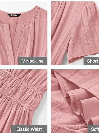 V-neck, Gathered, Puff Sleeve, Full Skirt, Short-sleeved Long Dress - Image 21