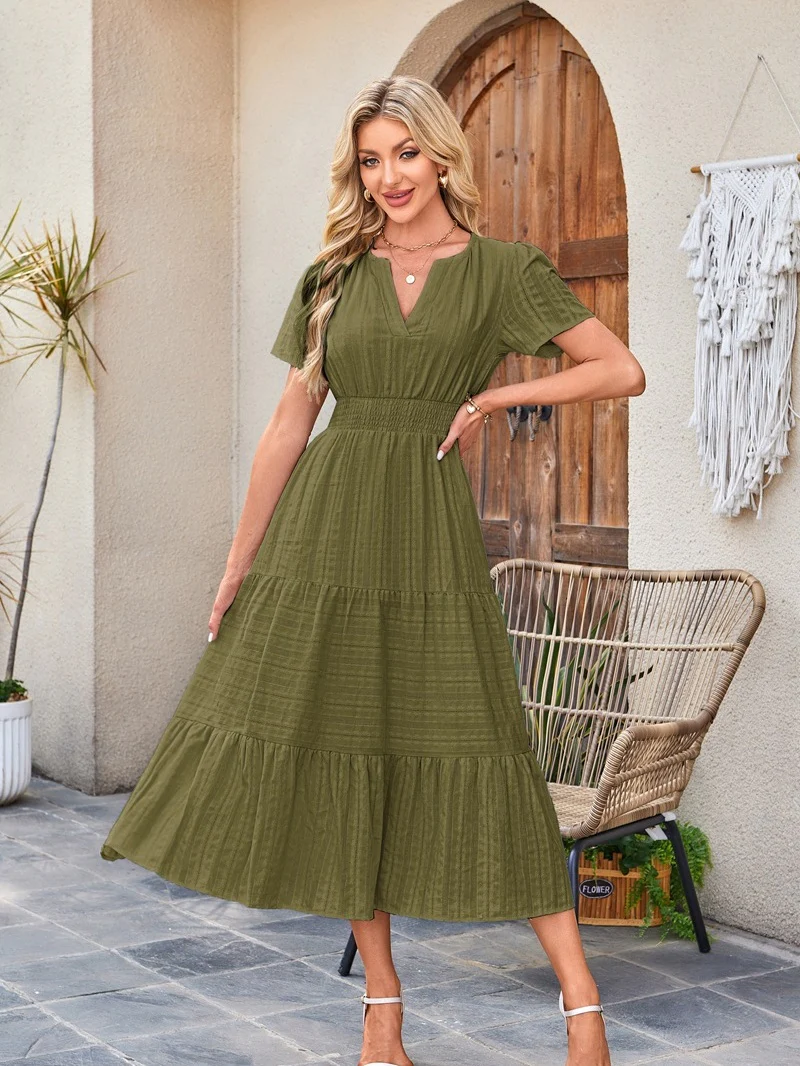 V-neck, Gathered, Puff Sleeve, Full Skirt, Short-sleeved Long Dress - Image 22