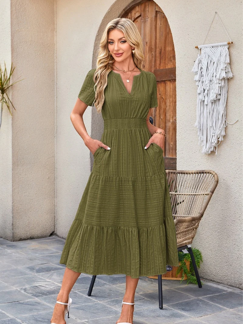 V-neck, Gathered, Puff Sleeve, Full Skirt, Short-sleeved Long Dress - Image 23