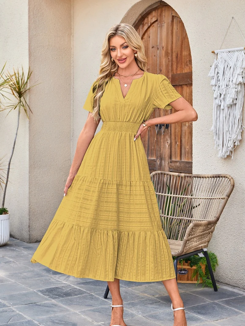 V-neck, Gathered, Puff Sleeve, Full Skirt, Short-sleeved Long Dress - Image 25