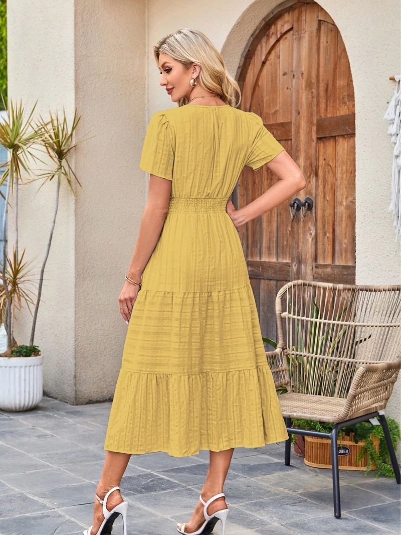 V-neck, Gathered, Puff Sleeve, Full Skirt, Short-sleeved Long Dress - Image 26