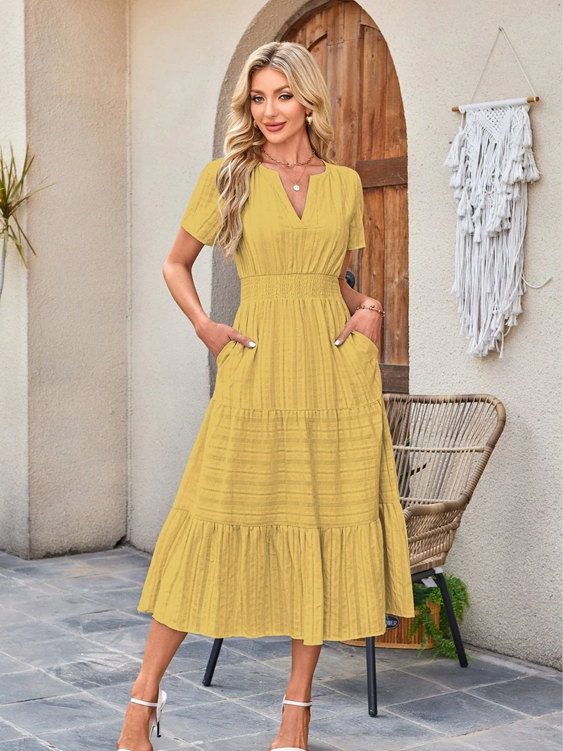 V-neck, Gathered, Puff Sleeve, Full Skirt, Short-sleeved Long Dress - Image 27