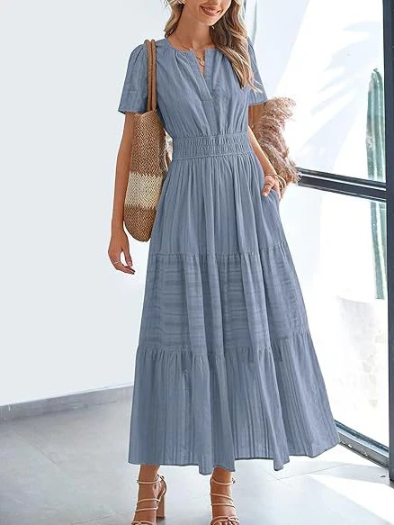 V-neck, Gathered, Puff Sleeve, Full Skirt, Short-sleeved Long Dress - Image 28
