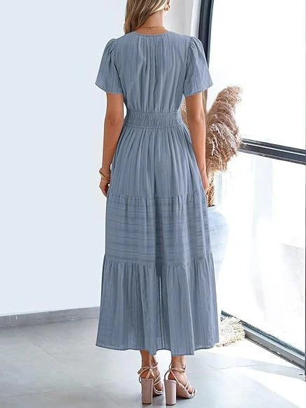 V-neck, Gathered, Puff Sleeve, Full Skirt, Short-sleeved Long Dress - Image 29