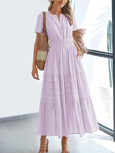 V-neck, Gathered, Puff Sleeve, Full Skirt, Short-sleeved Long Dress - Image 30