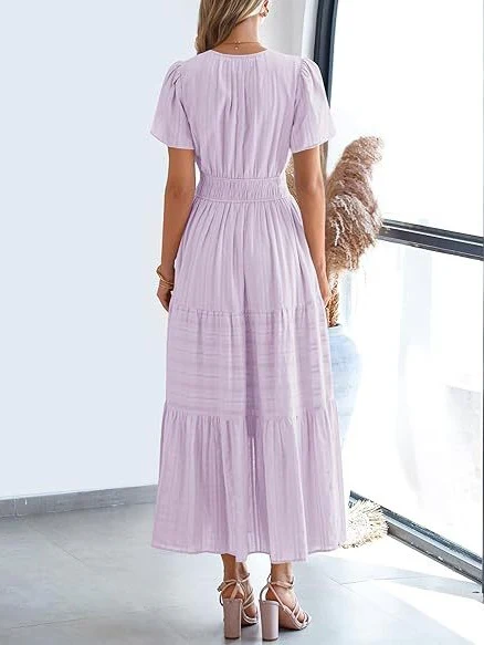 V-neck, Gathered, Puff Sleeve, Full Skirt, Short-sleeved Long Dress - Image 31