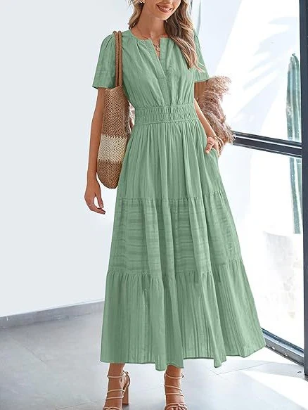 V-neck, Gathered, Puff Sleeve, Full Skirt, Short-sleeved Long Dress - Image 32