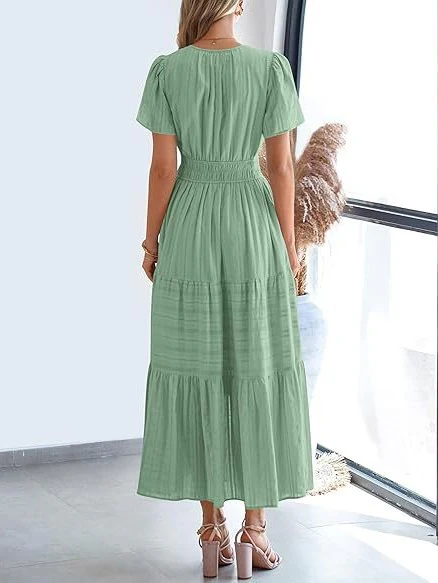 V-neck, Gathered, Puff Sleeve, Full Skirt, Short-sleeved Long Dress - Image 33
